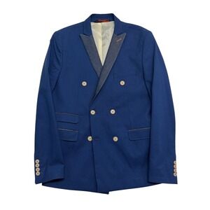 RNT23 Ron Tomson 40R Navy Blue Double Breasted Cotton Blazer Jacket Sport Coat